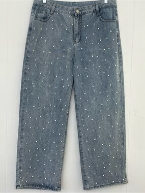 Women’s Pearl Embellished Wide Leg Light Wash Viscose Blend Denim Size XXL